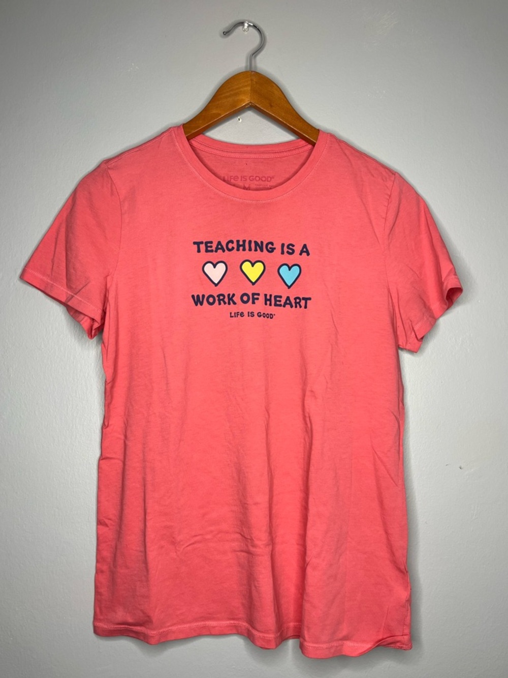 Life Is Good Teaching is a Work of Heart Pink Short Sleeve T-Shirt Heart Graphic
